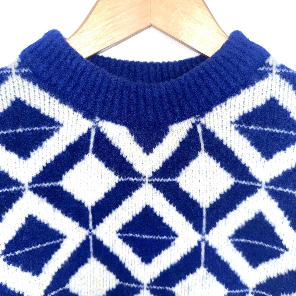 Zara Men's Sweater Blue White Diamond Geometric Size M Crewneck Pullover - Picture 4 of 13